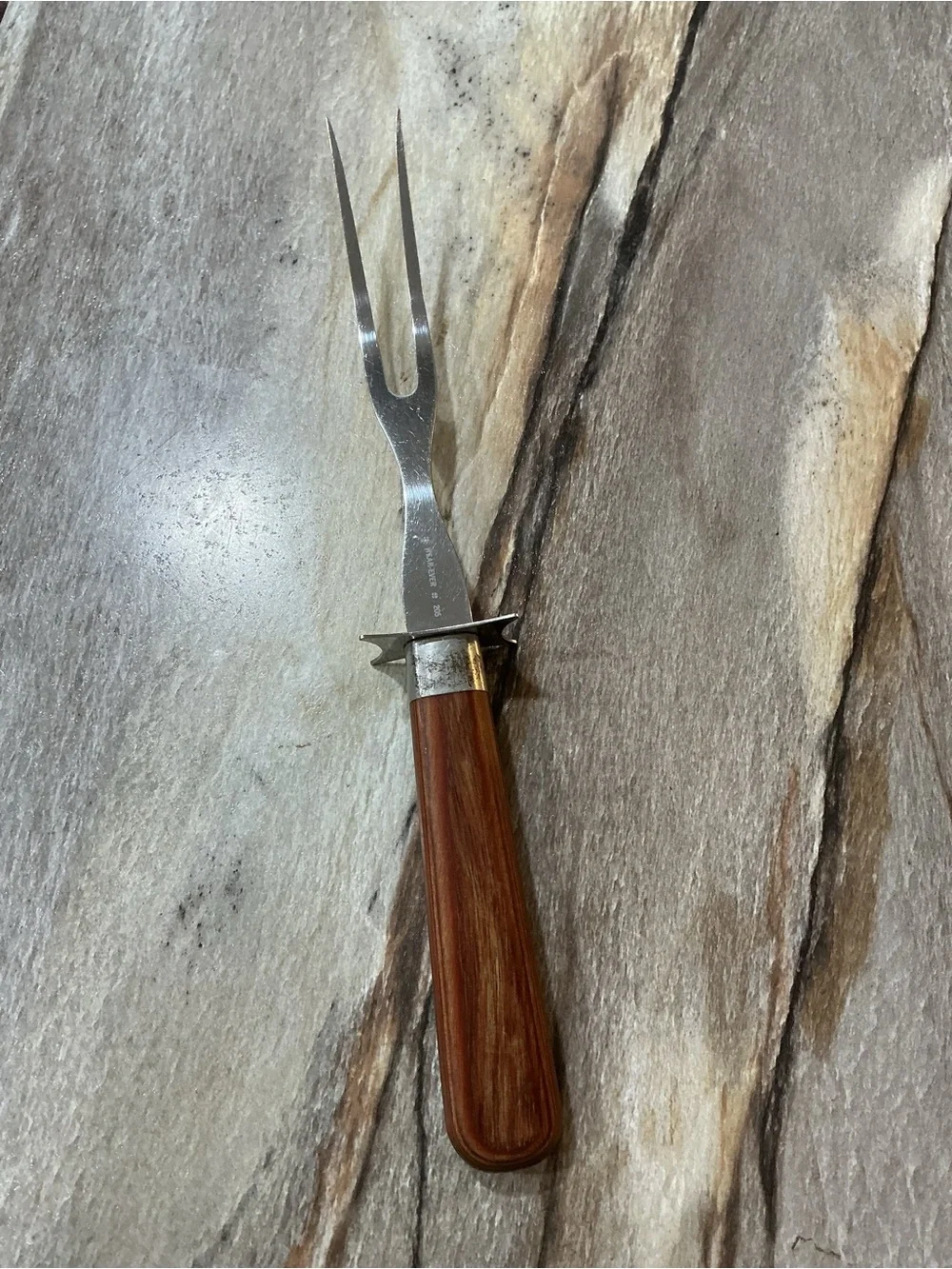 Vintage 50’s Wear-Ever #205 Carving Fork Stainless Steel 2 Tine Wood Handle 11.7